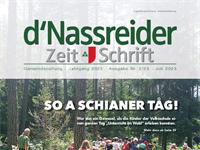 Titelbild der Dorfzeitung mit Volksschulkindern im Wald beim Waldtag