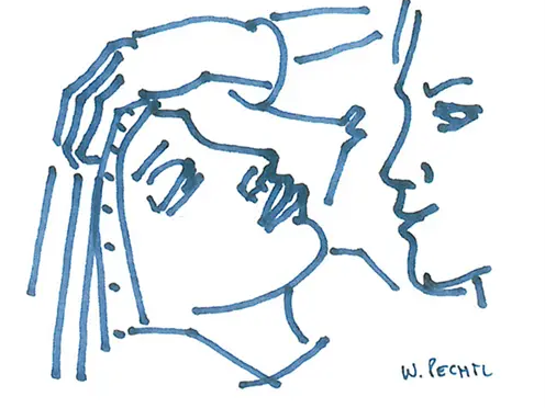 Zeichnung zweier Gesichter, bei der einer der anderen helfend die Hand auf die Stirn legt, auf weißem Hintergrund
