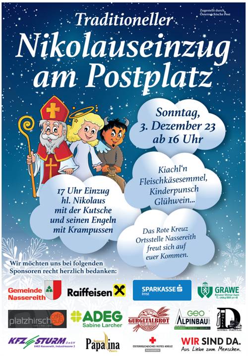 Postwurf auf blauem winterlichen Hintergrund und mit Bildern vom Nikolaus, Krampus, und Engel  mit Veranstaltungsinformationen in Wölckchen geschrieben